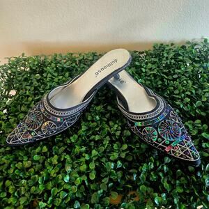 Vintage Embellished sequin and embroidery kitten mule with pointed toe Y2K